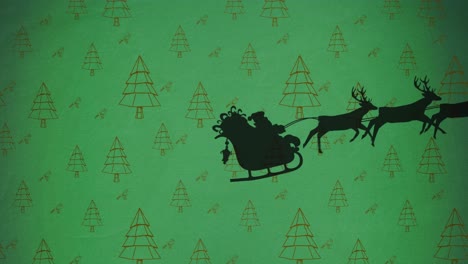 Digital-animation-of-black-silhouette-of-santa-claus-in-sleigh-being-pulled-by-reindeers-against-mul