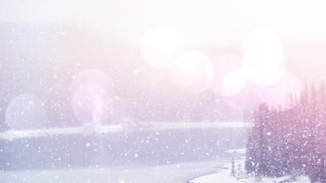 Digital-animation-of-spots-of-light-against-snow-falling-over-winter-landscape