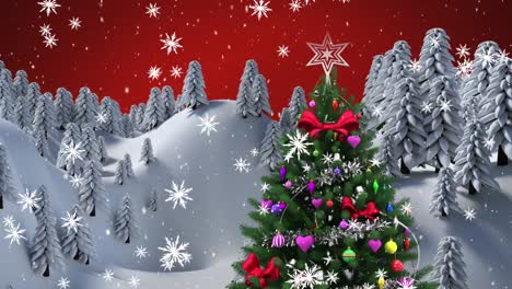 Digital-animation-of-snowflakes-falling-over-christmas-tree-on-winter-landscape