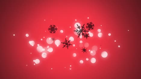 Digitale-Animation-Von-Schneeflocken-Und-Sternen,-Die-Sich-Vor-Lichtflecken-Auf-Rotem-Hintergrund-Bewegen