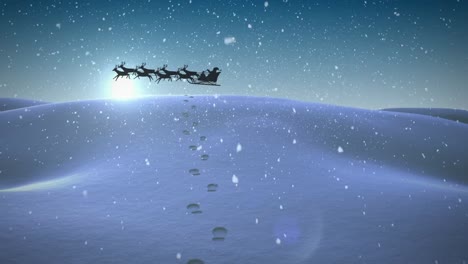 Animation-of-silhouette-of-santa-claus-in-sleigh-being-pulled-by-reindeer-with-snow-falling-and-sun-
