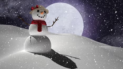 Digital-animation-of-snow-falling-over-female-snowman-on-winter-landscape-against-moon-in-night-sky