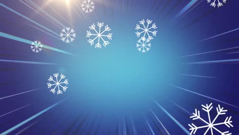Digital-animation-of-snowflakes-falling-and-light-trails-against-blue-background