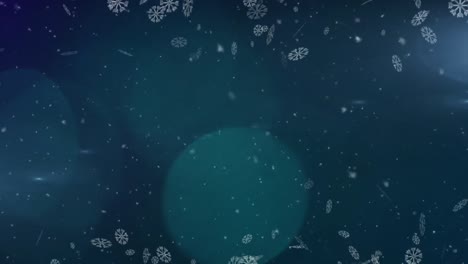 Digitale-Animation-Von-Schneeflocken,-Die-Sich-Vor-Lichtflecken-Auf-Grünem-Hintergrund-Bewegen