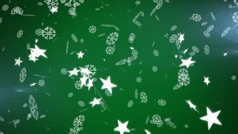 Digitale-Animation-Von-Schneeflocken-Und-Sternen,-Die-Vor-Grünem-Hintergrund-Fallen