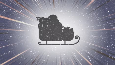 Digital-animation-of-snow-falling-over-black-silhouette-of-santa-claus-in-sleigh-against-light-trail