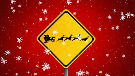 Digital-animation-of-snowflakes-falling-over-signboard-with-black-silhouette-of-santa-claus