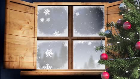 Digital-animation-of-christmas-tree-and-wooden-window-frame-against-snowflakes