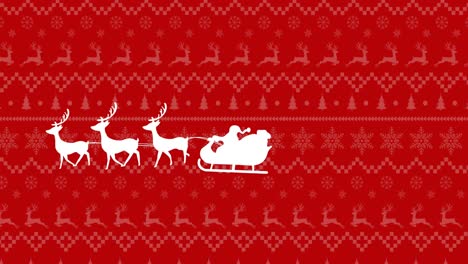 Animation-of-white-silhouette-of-santa-claus-in-sleigh-being-pulled-by-reindeer-on-red-pattern-backg