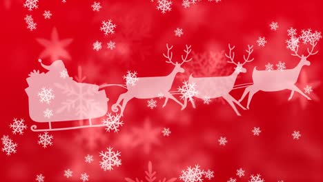 Digital-animation-of-snow-flakes-falling-over-silhouette-of-santa-claus-in-sleigh-being-pulled-by-re