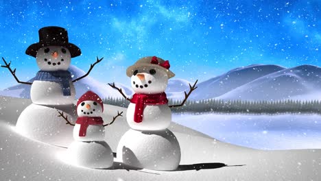Digital-animation-of-snow-falling-against-snowman-family-on-winter-landscape