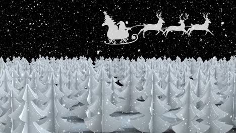 Digitale-Animation-Von-Schnee,-Der-über-Die-Silhouette-Des-Weihnachtsmanns-Im-Schlitten-Fällt,-Der-Von-Rentieren-Gezogen-Wird