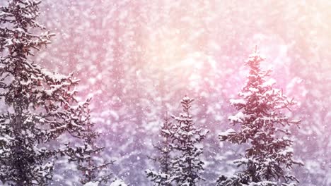 Digital-animation-of-spots-of-light-against-snow-falling-trees-on-winter-landscape