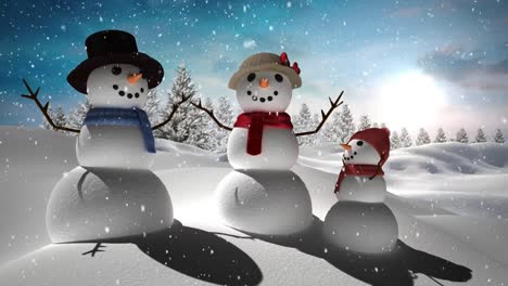 Digital-animation-of-snow-falling-against-snowman-family-on-winter-landscape