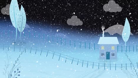 Animation-of-winter-scenery-landscape-with-snow-falling
