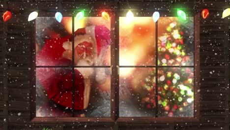 Animation-Von-Weihnachtsbaum-Und-Weihnachtsmann,-Gesehen-Durch-Ein-Fenster-Mit-Lichterketten