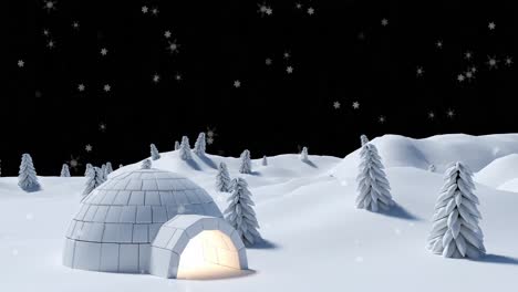 Digitale-Animation-Von-Schnee,-Der-über-Ein-Iglu-In-Einer-Winterlandschaft-Vor-Schwarzem-Hintergrund-Fällt