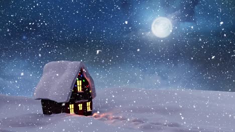 Digitale-Animation-Von-Schnee,-Der-über-Ein-Haus-In-Einer-Winterlandschaft-Fällt,-Vor-Dem-Mond-Am-Nachthimmel