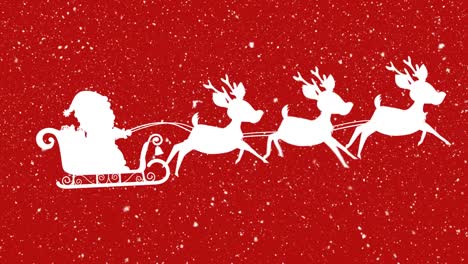 Digital-animation-of-snow-falling-over--silhouette-of-santa-claus-in-sleigh-being-pulled-by-reindeer