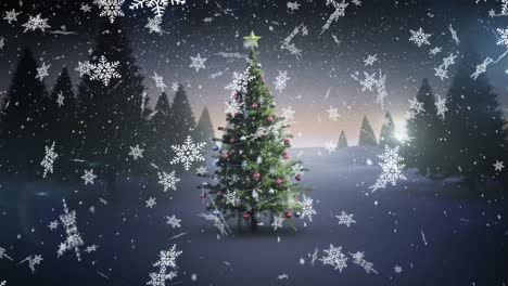 Animation-of-christmas-tree-over-winter-scenery-and-snow-falling