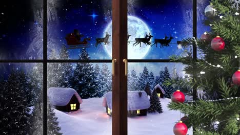Animation-Der-Silhouette-Des-Weihnachtsmanns-Im-Schlitten,-Der-Von-Rentieren-Gezogen-Wird,-Während-Der-Schnee-Fällt-Und-Voll-Ist