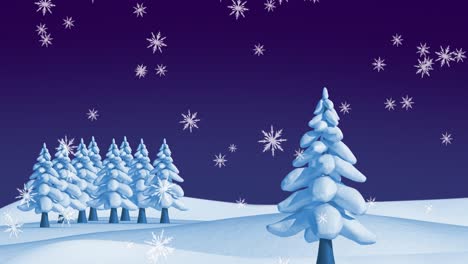 Digital-animation-of-snowflakes-falling-over-trees-on-winter-landscape-against-purple-background