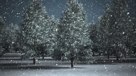 Digital-animation-of-snow-falling-over-multiple-trees-on-winter-landscape