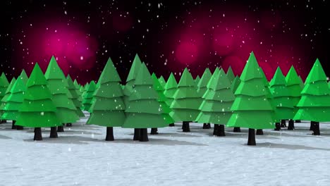 Digital-animation-of-snow-falling-over-rows-of-christmas-trees-on-winter-landscape-against-purple-sp