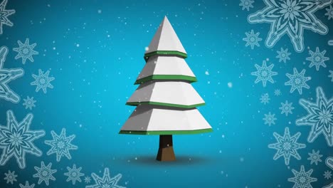 Animation-Einer-Sich-Drehenden-Weihnachtstanne,-Bedeckt-Mit-Schnee-Und-Schneeflocken,-Die-Auf-Blauen-Hintergrund-Fallen
