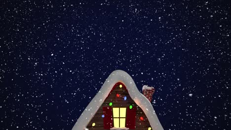Digital-animation-of-snow-falling-over-house-on-winter-landscape-against-night-sky