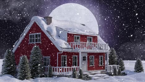 Digitale-Animation-Von-Schnee,-Der-Gegen-Haus-Und-Schneebedeckte-Bäume-In-Einer-Winterlandschaft-Fällt