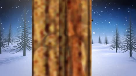 Digitale-Animation-Der-Weihnachtsdekoration-Auf-Holzfensterrahmen-Gegen-Schneefall