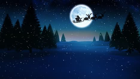 Digital-animation-of-snow-falling-over-winter-landscape-and-silhouette-of-santa-claus-in-sleigh