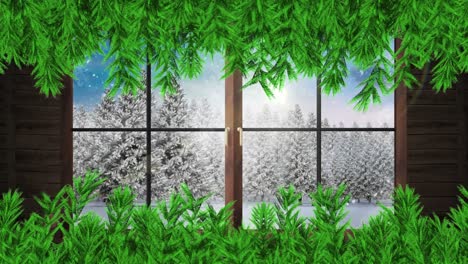 Digital-animation-of-green-branches-and-wooden-window-frame-against-snow-falling