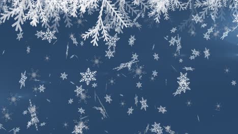 Digitale-Animation-Von-Schneeflocken,-Die-Gegen-Lichtpunkte-Vor-Blauem-Hintergrund-Fallen