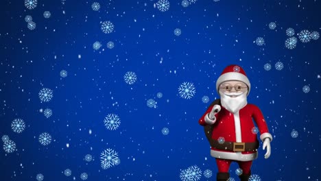 Digitale-Animation-Von-Schneeflocken,-Die-über-Den-Weihnachtsmann-Fallen,-Der-Vor-Blauem-Hintergrund-Läuft