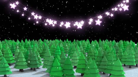 Animation-of-christmas-fairy-lights-with-snow-falling-and-fir-trees-in-winter