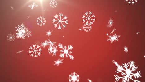Animation-of-snowflakes-falling-with-glowing-light-on-red-background
