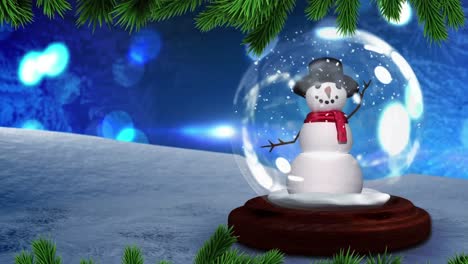 Digital-animation-of-snowman-in-snow-globe-on-winter-landscape-against-blue-spots-of-light