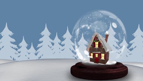 Animation-Einer-Schneekugel-Mit-Haus-Und-Schnee,-Der-über-Die-Winterlandschaft-Auf-Blauem-Hintergrund-Fällt