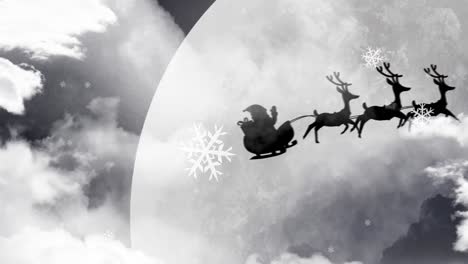 Animation-Der-Schwarzen-Silhouette-Des-Weihnachtsmanns-Im-Schlitten,-Der-Von-Rentieren-Mit-Winterlandschaft-Gezogen-Wird