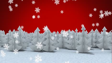 Digital-animation-of-snowflakes-falling-over-rows-of-trees-on-winter-landscape-against-red-backgroun