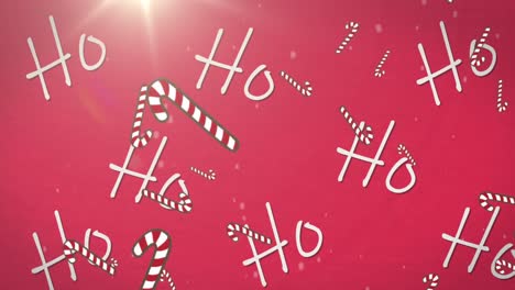 Animation-Von-Ho-Ho-Ho-Text-Und-Weihnachtlichen-Zuckerstangen,-Die-Auf-Roten-Hintergrund-Fallen