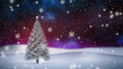 Digital-animation-of-snowflakes-falling-over-christmas-tree-on-winter-landscape-against-night-sky