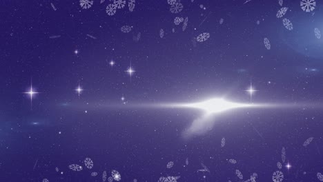 Animation-of-snowflakes-falling-over-glowing-purple-background