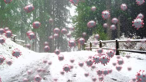 Animation-Von-Covid-19-Zellen,-Die-Sich-über-Eine-Winterlandschaft-Mit-Schneebedeckter-Landschaft-Und-Fallendem-Schnee-Bewegen