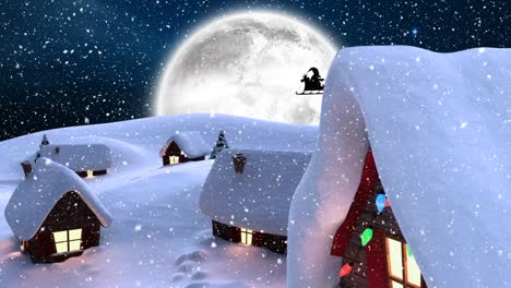 Digitale-Animation-Von-Schnee,-Der-über-Mehrere-Häuser-In-Einer-Winterlandschaft-Fällt,-Vor-Dem-Mond-Am-Nachthimmel