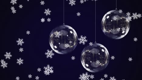 Digital-animation-of-snowflakes-falling-over-bauble-decorations-hanging-against-blue-background