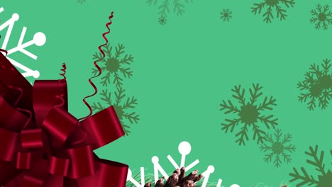 Animation-of-red-present-ribbon-and-snow-falling-on-green-background