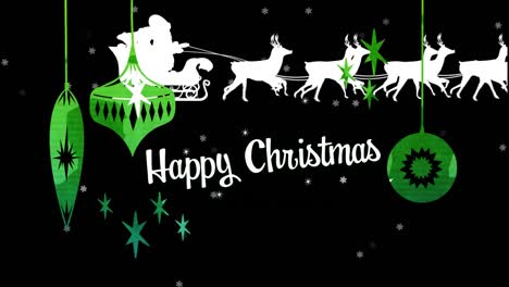 Digital-animation-of-happy-christmas-text-against-green-christmas-decorations-hanging-against-santa-